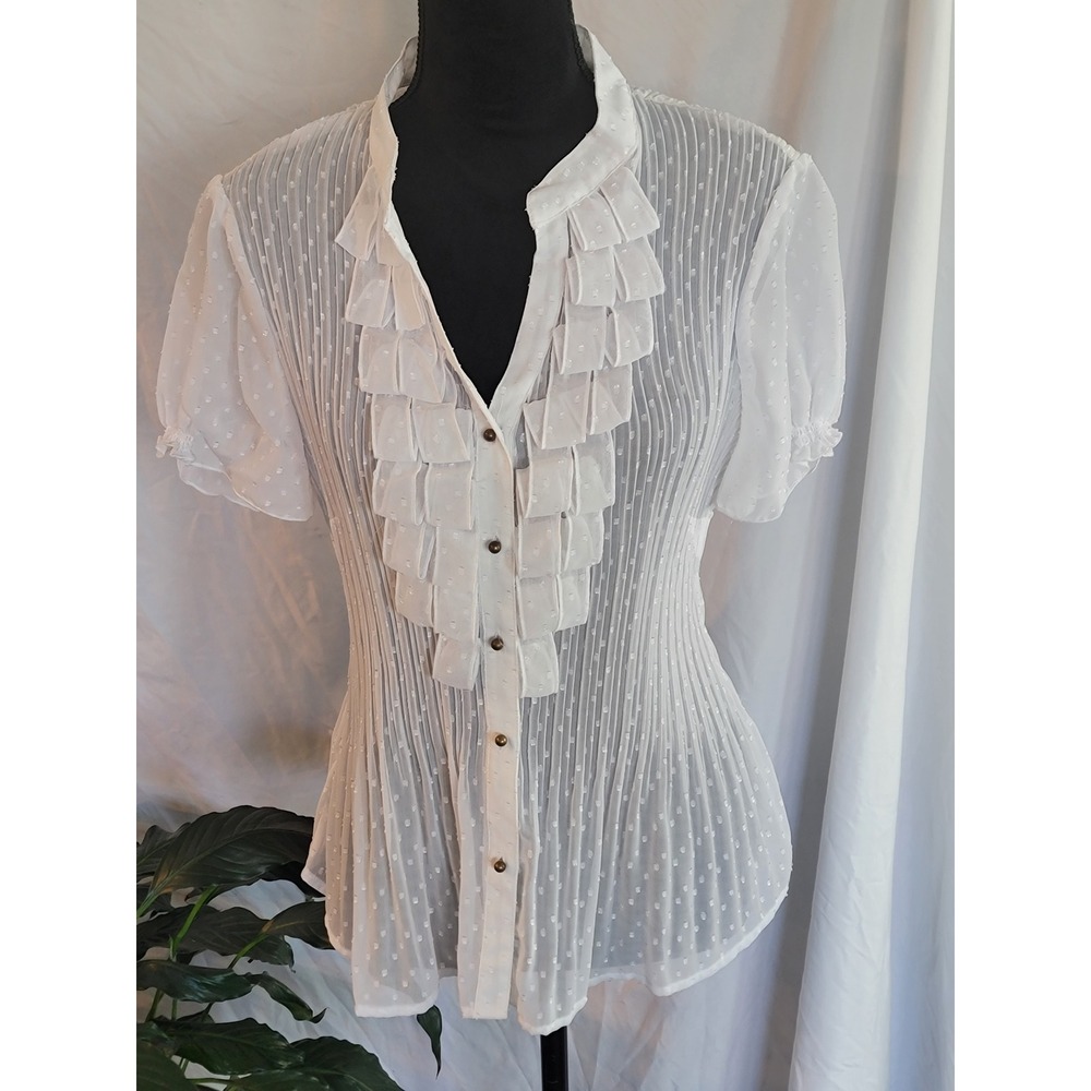 New York City Design Co White Pleated Swiss Dot Ruffle Blouse XL Short Sleeve